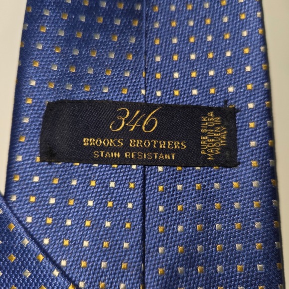 Brooks Brothers Blue Italian Silk Tie Gold Silver Pin Dot Stain Resistant USA - Picture 4 of 7